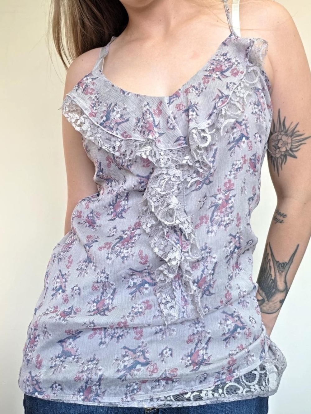 2000s Y2K Boho Ruffle Floral Purple Tank Top Cami Size M